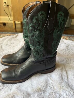 Ferrini Western Boots — Black with Green Stitching — Men’s 9.5
